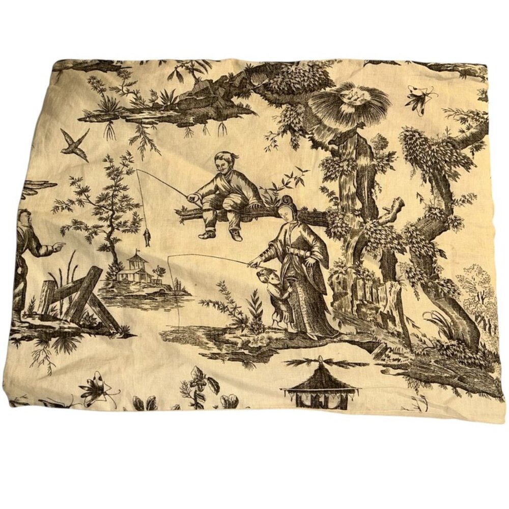 NEW 100% LINEN cream black TOILE bucolic Japanese Fishing Scene postcard 32x20